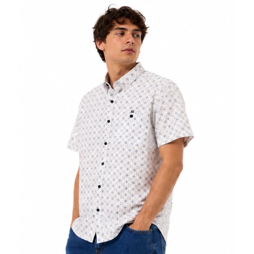 Level Ten New White Blue‎ Geometric Medallion Peached Poplin Button Down Shirt S